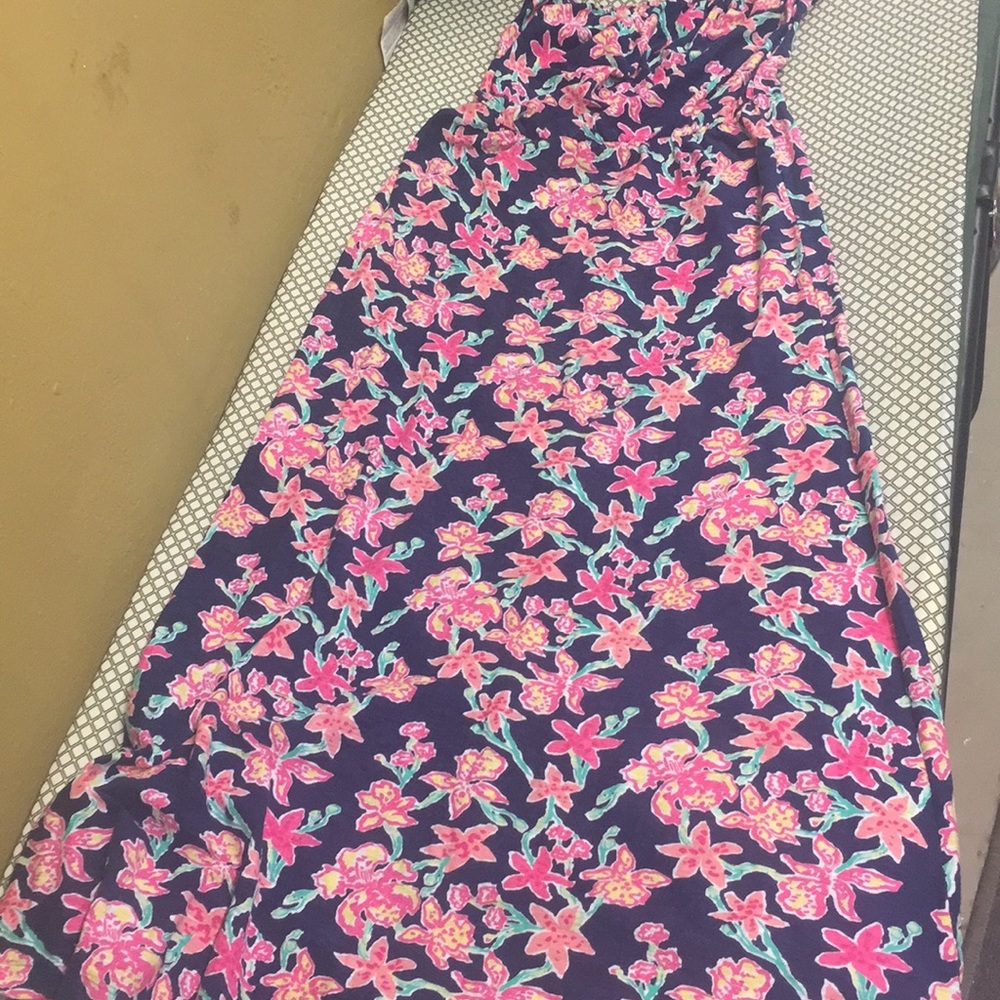 Lilly Pulitzer Navy Strapless Floral Maxi Dress with Pink and Green Flowers - Picture 6 of 6
